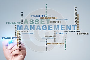 Asset management on the virtual screen. Business concept. Words cloud.