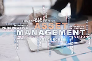 Asset management on the virtual screen. Business concept. Words cloud.