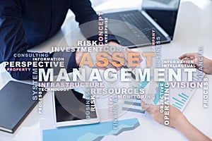 Asset management on the virtual screen. Business concept. Words cloud.