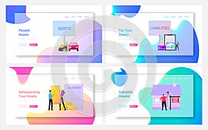 Assets and Liabilities Landing Page Template Set. Tiny Characters Share Property on Profitable and Unprofitable Value