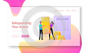 Assets and Liabilities Landing Page Template. Tiny Characters Holding Huge Golden Bar near Obligation, Property Value