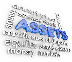 Assets Word Collage Stocks Bonds Investments Money Wealth Value