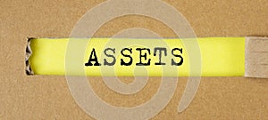 Assets word written on yellow paper through torn craft, top view, flatly