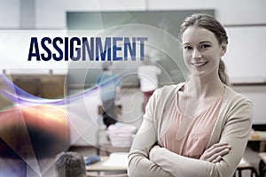 Assignment against pretty teacher smiling at camera at back of classroom