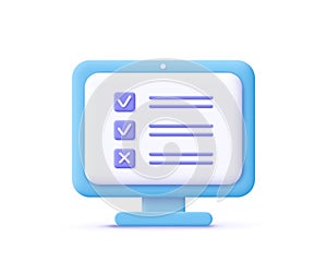 Assignment icon. ÃÂ¡omputer screen, checklist, document symbol. 3d vector illustration