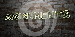 ASSIGNMENTS - Glowing Neon Sign on stonework wall - 3D rendered royalty free stock illustration