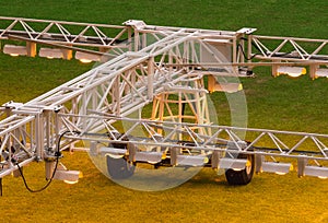 Assimilation lighting in soccer stadium. Lighting assimilation off grass. Aerial view of light therapie in stadium.