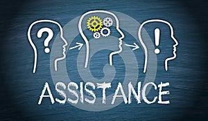 Assistance - blue chalkboard with text and three heads