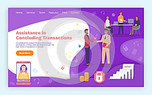 Assistance in concluding transactions landing page design template. Businessmen handshaking