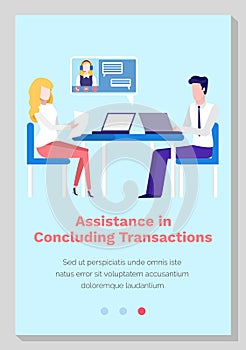 Assistance in concluding transactions webpage template. Man and woman talk about financial details