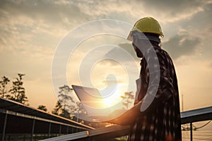 Assistance technical worker in uniform is checking an operation and efficiency performance of photovoltaic solar panels