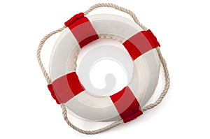 Assistance to survive, bailout, life rescue equipment and survival gear concept with lifebuoy isolated on white background with