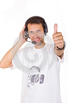 Assistant with headset showing ok with thumb up