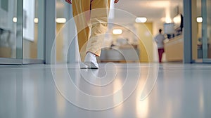 Assistant legs walking in hospital, Selective focus at the leg and blurred background with copy space in modern hospital. epoxy