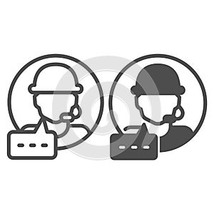 Assistant man with microphone and dialog line and solid icon, neural dataset concept. Vector graphics. Support program