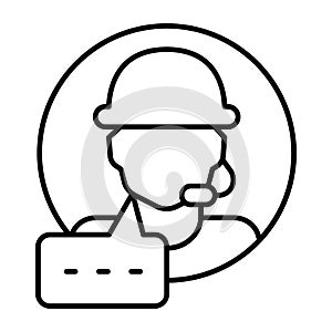 Assistant man with microphone and dialog thin line icon, neural dataset concept. Vector graphics. Support program data