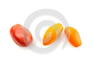 Assort of different shape and color of tomatoes isolated on white background with clipping path