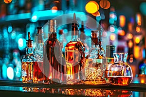 Bottles of various alcoholic beverages on a bar