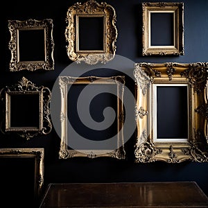 Assorted antique frames in Baroque style against the wall