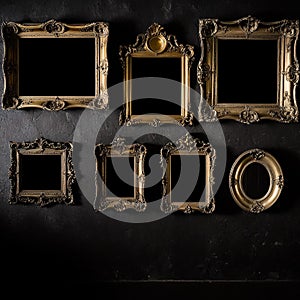 Assorted antique frames in Baroque style against the wall