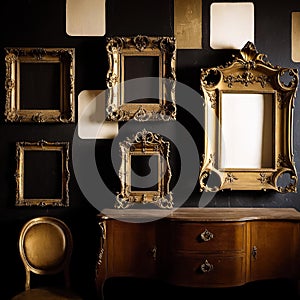 Assorted antique frames in Baroque style against the wall