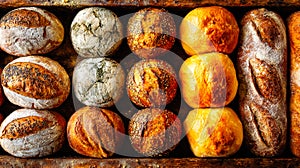 Assorted artisan bread loaves displayed on a rustic wooden surface