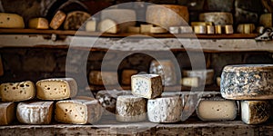 Assorted artisan cheese wheels on rustic wooden shelves. ideal for gourmet food concepts. capture the essence of