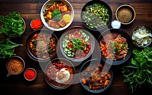 Assorted Asian Cuisine Dishes Served in Bowls on a Dark Table Background
