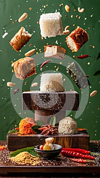 Assorted Asian Cuisine Ingredients and Dishes Levitating on Green Background with Spices and Herbs