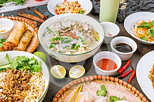 Assorted asian dinner, vietnamese food. Pho ga, pho bo, noodles, spring rolls top view