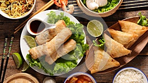 Assorted of asian food, spring roll- samossa- dim sum