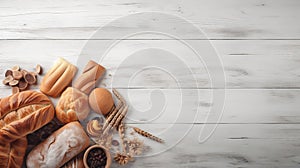 Assorted Bakery Products on Wooden Background . created with Generative AI