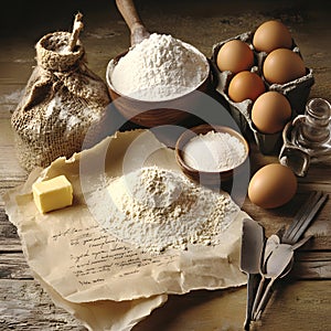 Assorted Baking Ingredients Including Flour Eggs Butter and Sugar on Wooden Surface photo