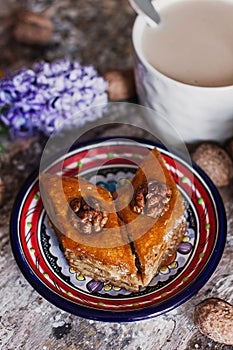 Assorted baklava. A Turkish ramadan arabic sweet dessert on a decorative plate, with coffee cup in the background