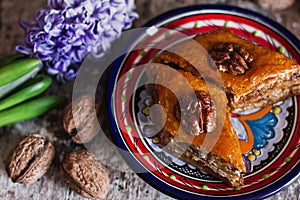 Assorted baklava. A Turkish ramadan arabic sweet dessert on a decorative plate, with coffee cup in the background. Middle eastern