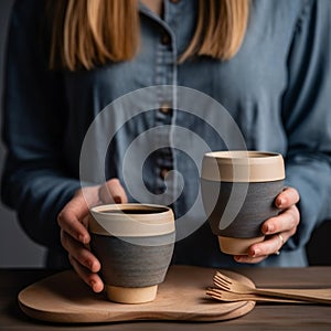 Assorted bamboo travel reusable coffee or tea cups or mags with silicone insulation.One cup with copy-space in female hand