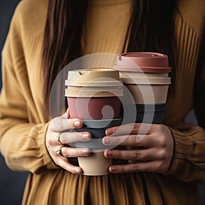Assorted bamboo travel reusable coffee or tea cups or mags with silicone insulation.One cup with copy-space in female hand