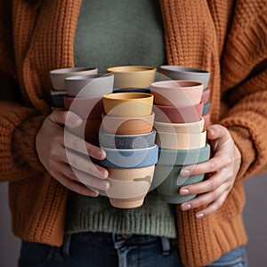 Assorted bamboo travel reusable coffee or tea cups or mags with silicone insulation.One cup with copy-space in female hand