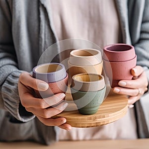 Assorted bamboo travel reusable coffee or tea cups or mags with silicone insulation.One cup with copy-space in female hand