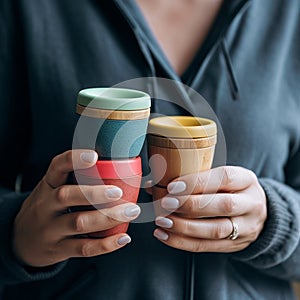 Assorted bamboo travel reusable coffee or tea cups or mags with silicone insulation.One cup with copy-space in female hand