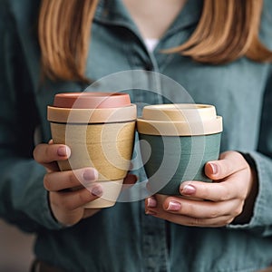 Assorted bamboo travel reusable coffee or tea cups or mags with silicone insulation.One cup with copy-space in female hand