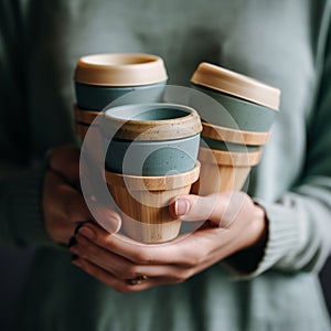 Assorted bamboo travel reusable coffee or tea cups or mags with silicone insulation.One cup with copy-space in female hand