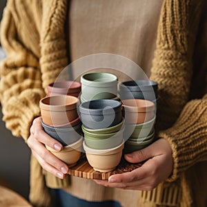 Assorted bamboo travel reusable coffee or tea cups or mags with silicone insulation.One cup with copy-space in female hand