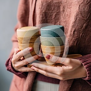 Assorted bamboo travel reusable coffee or tea cups or mags with silicone insulation.One cup with copy-space in female hand