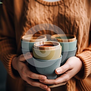 Assorted bamboo travel reusable coffee or tea cups or mags with silicone insulation.One cup with copy-space in female hand