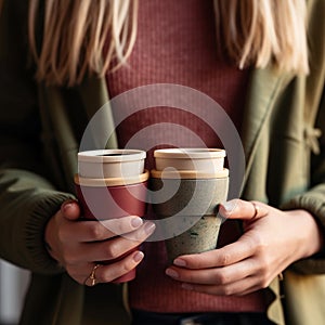 Assorted bamboo travel reusable coffee or tea cups or mags with silicone insulation.One cup with copy-space in female hand