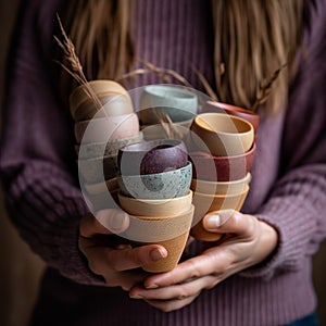 Assorted bamboo travel reusable coffee or tea cups or mags with silicone insulation.One cup with copy-space in female hand