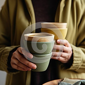 Assorted bamboo travel reusable coffee or tea cups or mags with silicone insulation.One cup with copy-space in female hand