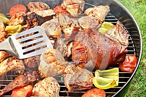 Assorted BBQ Roasted Pork And Chicken Meat With Vegetables