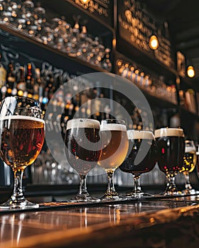 Assorted Beer Glasses Arranged on Bar Top